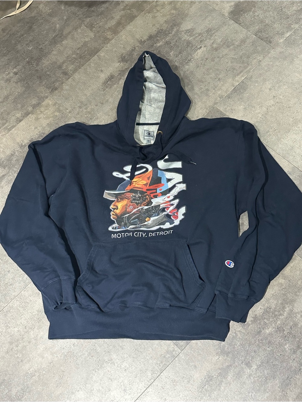 J Dilla - Champion Navy Hooded Sweatshirt with Motor City Detroit Graphic